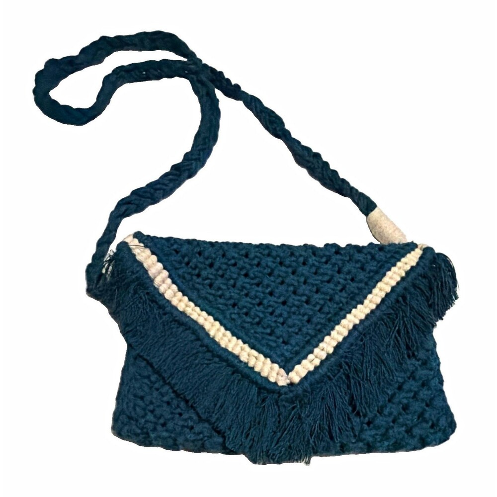 Women’s Blue/White Crochet Crossbody Bag Fringe Tassel Detail Gold Hardware